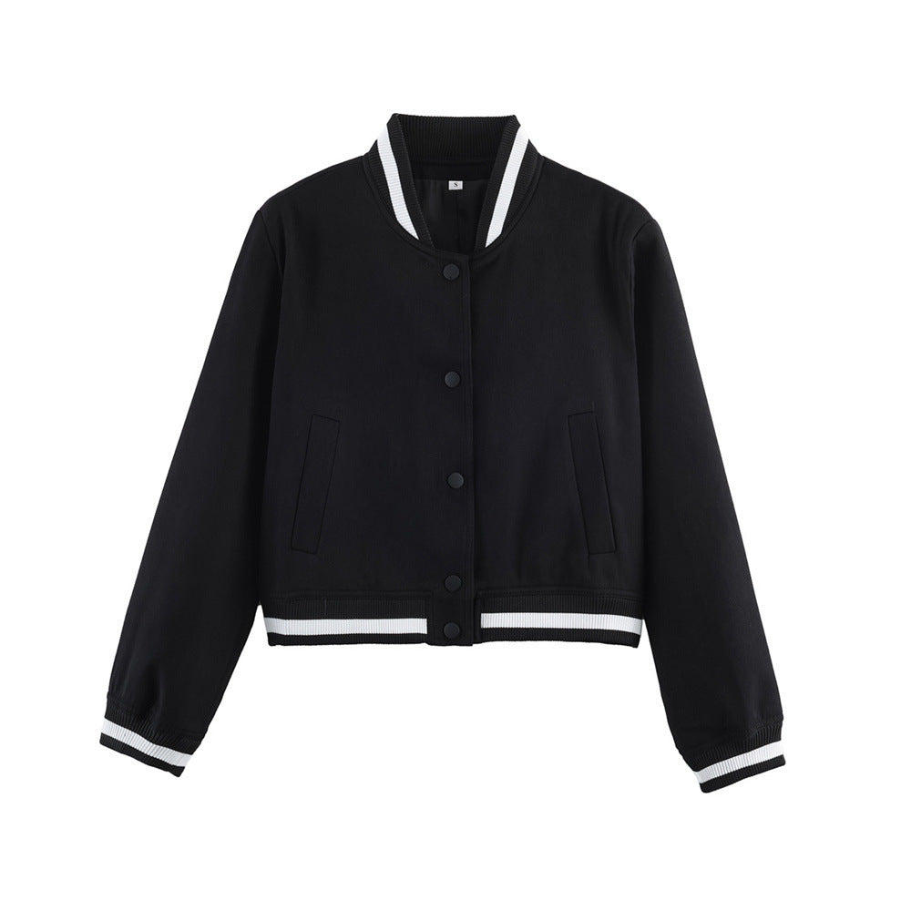 Women's short-cut college bomber jacket with ribbed striped collar and snap button placket Mune Fashion