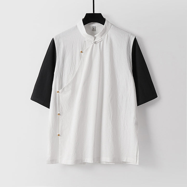 Men's Asymmetrical Linen Vest with Stand Collar and Side Button Placket Mune Fashion