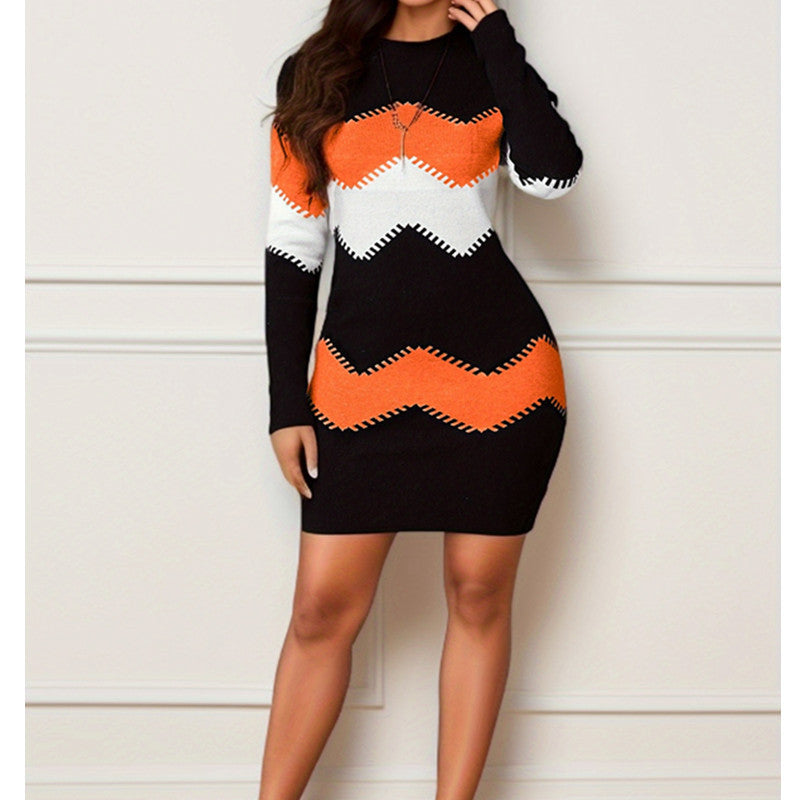 Women Figure-Hugging Knit Mini Dress with Long Sleeves and Zigzag Pattern Mune Fashion