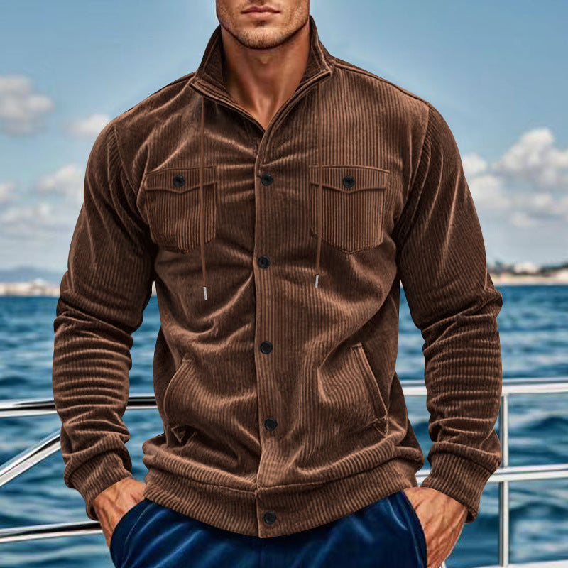 Men's ribbed transitional jacket in shirt style with stand-up collar, drawstring, and flap pockets Mune Fashion
