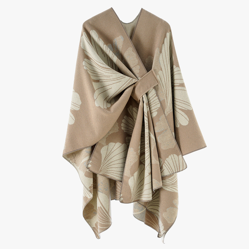 Women’s Jacquard Wrap Poncho with Floral Pattern and Waist Belt Mune Fashion