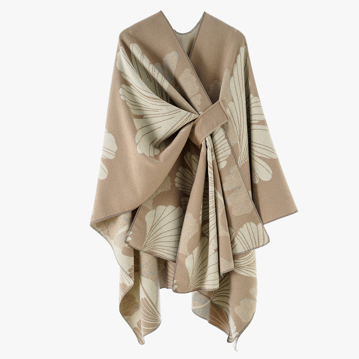 Women's Oversize Jacquard Cape made of wool blend with floral jacquard and front loop Mune Fashion