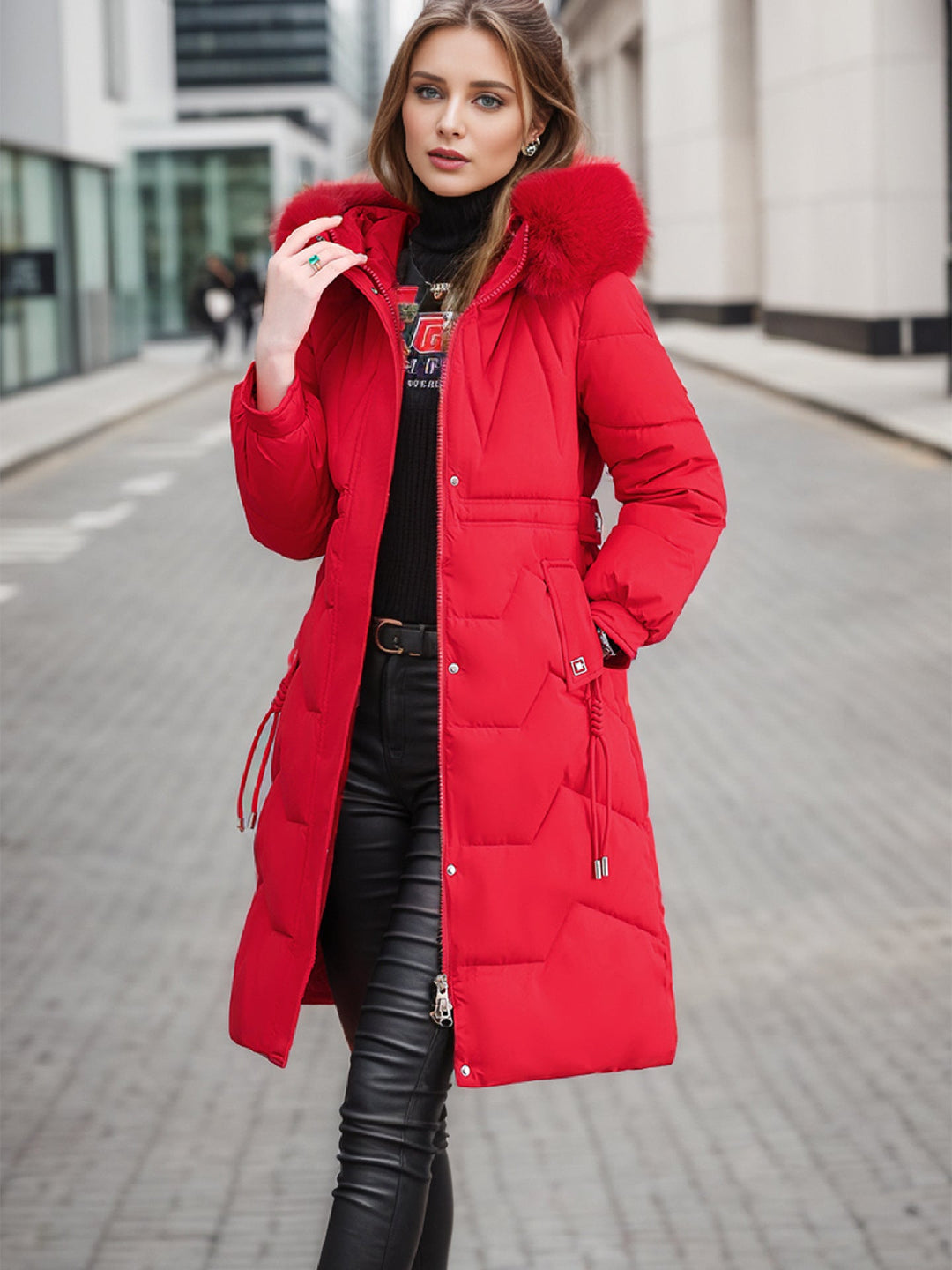 Ladies Elegant and Insulated Winter Coat with Detachable Faux Fur Collar Mune