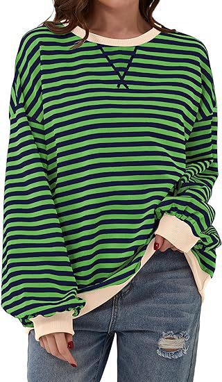 Women Casual Oversized Stripe Sweatshirt with Raglan Sleeves and Contrast Cuffs Drune