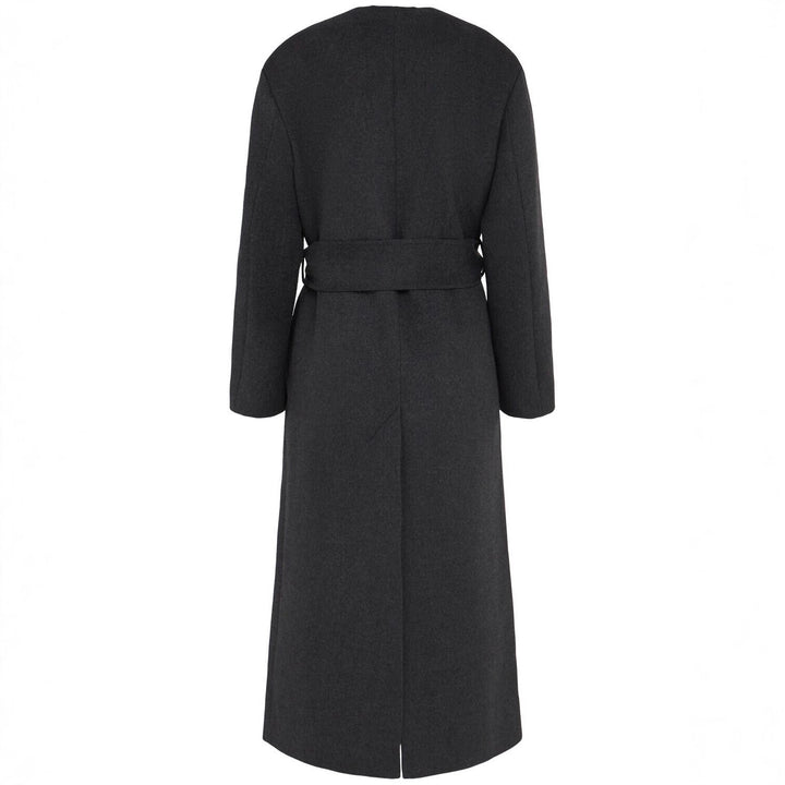 Women's Long Wool Coat with Tie Belt and V-Neck Mune Fashion