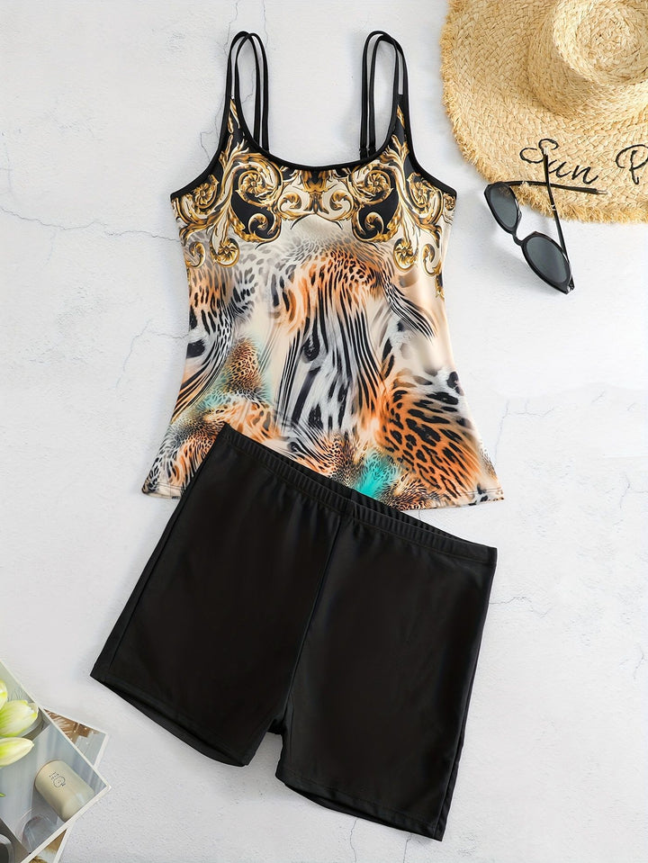 Ladies sporty tankini set with fashionable animal print and boxer shorts Mune Fashion