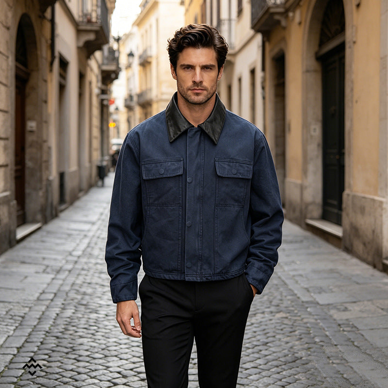 Men's canvas field jacket in overshirt look with leather collar and patch pockets Mune Fashion