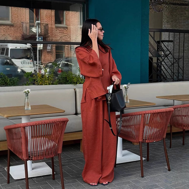 Women Casual Linen Look Two Piece with Kimono Blazer and Wide Palazzo Pants Mune Fashion