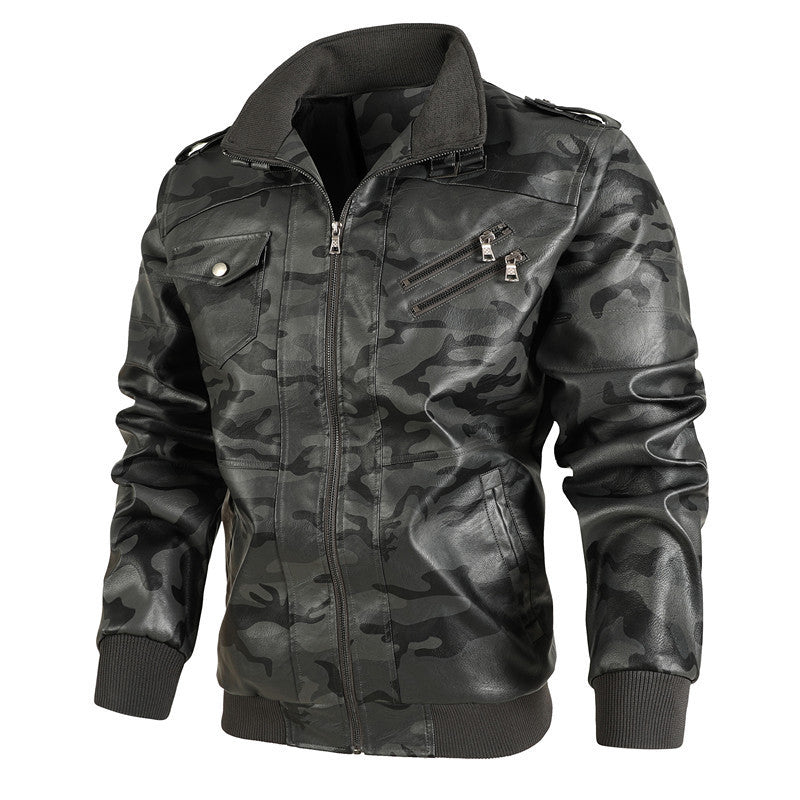 Men's Camouflage Faux Leather Pilot Style Bomber Jacket with Ribbed Cuffs and Zipper Pockets Mune Fashion