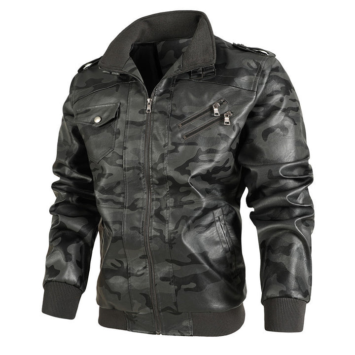 Men's Camouflage Faux Leather Pilot Style Bomber Jacket with Ribbed Cuffs and Zipper Pockets Mune Fashion