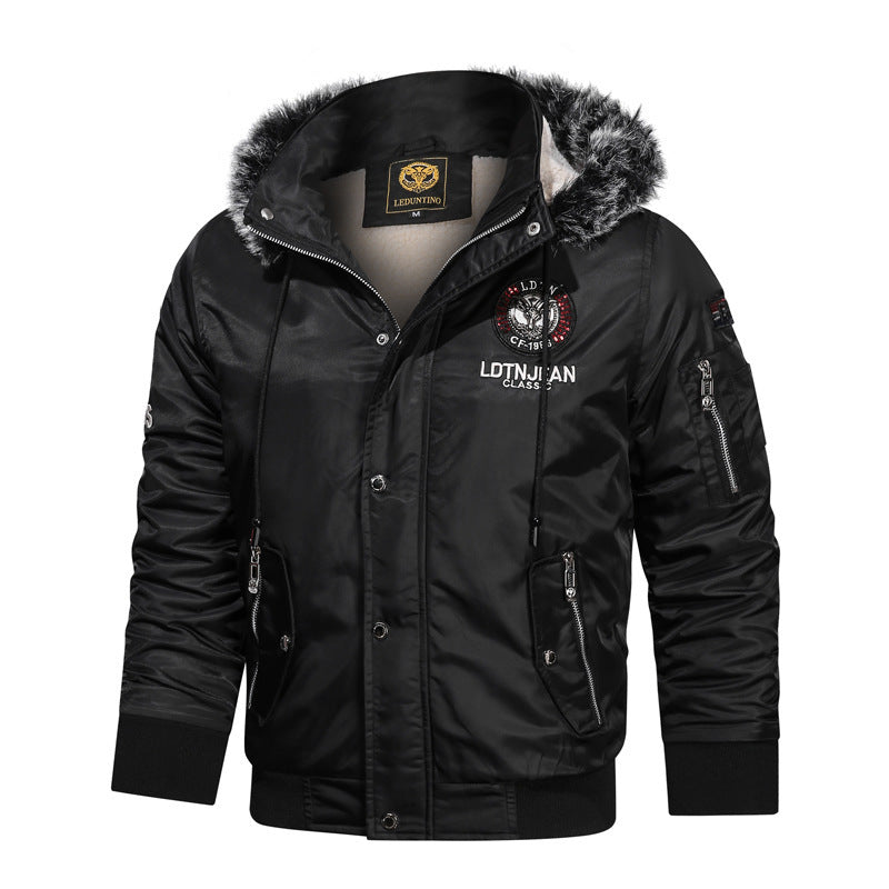 Men's faux fur lined pilot bomber jacket with faux fur hood, multifunctional zippered pockets, and warm thermal lining Mune Fashion
