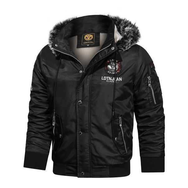 Men's faux fur lined pilot bomber jacket with faux fur hood, multifunctional zippered pockets, and warm thermal lining Mune Fashion