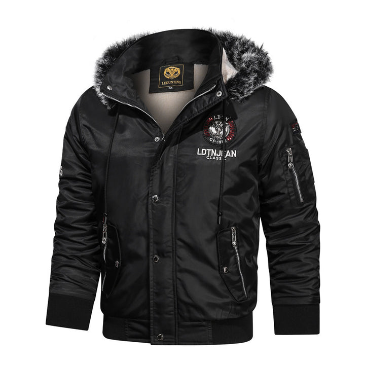 Men's faux fur lined pilot bomber jacket with faux fur hood, multifunctional zippered pockets, and warm thermal lining Mune Fashion