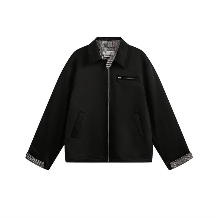 Unisex Short Cut Boxy Blouson Jacket with Checked Lining and Chest Zip Pocket Mune Fashion