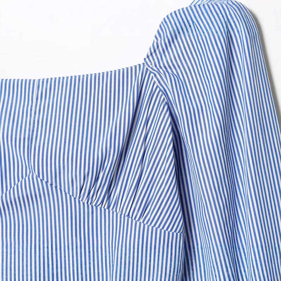 Women Striped Cropped Blouse with Square Neckline and Wide Balloon Sleeves Mune Fashion