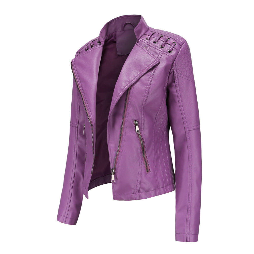 Ladies tailored faux leather biker jacket with quilted shoulder section, asymmetrical zipper and decorative eyelets Mune Fashion