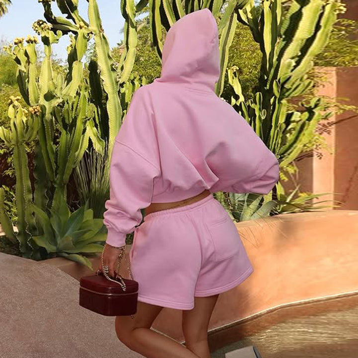 Women Nano Short Hooded Hoodie and Drawstring Shorts Lounge Set with Full Zip and High Waist Tie Mune Fashion