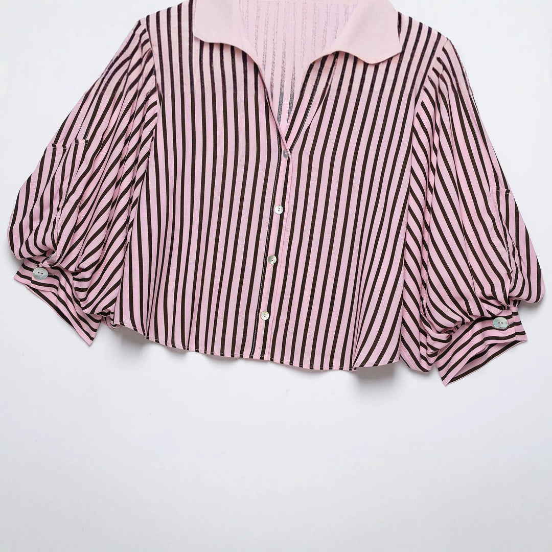 Women's Striped Oversize Blouse with Balloon Sleeves and Full Button Placket Drune