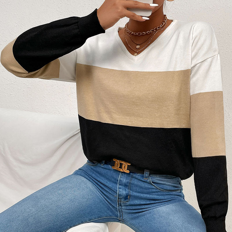 Women Elegant V-Neck Fine Knit Sweater with Wide Block Stripes Mune Fashion