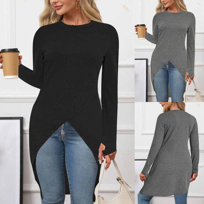 Women Long Asymmetrical Tunic Top with Overlapping Front and Side Slits Drune