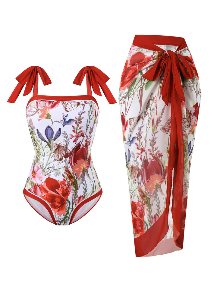 Women's swimsuit with floral design and transparent wrap skirt Mune Fashion