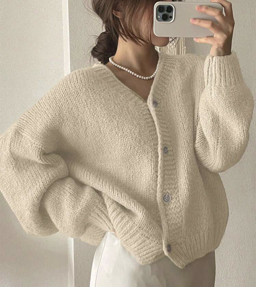 Women's Oversized Cardigan with Deep V-Neck, Balloon Sleeves, and Decorative Button Placket Mune Fashion