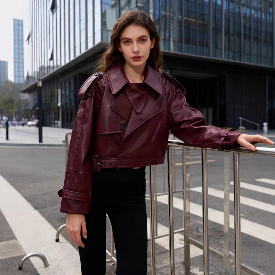 Women's nan cropped faux leather trench coat with shoulder flaps, fitted belt, and adjustable cuffs Mune Fashion