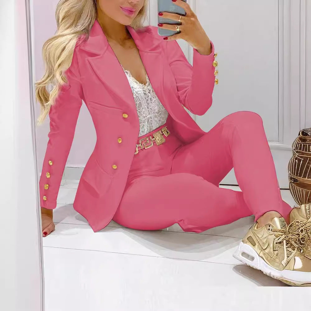 Women's fitted double-breasted blazer set with gold button detail and high-waisted slim pants Mune Fashion