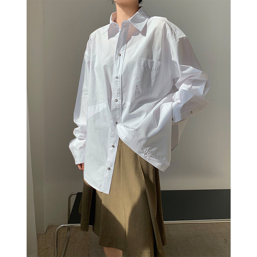 Women's Oversize Longline Shirt with Asymmetrical Hem and Boxy Poplin Silhouette Mune Fashion
