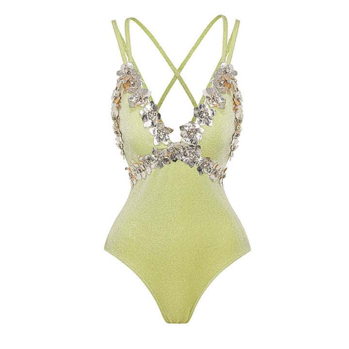 Women Glamorous One-Piece Swimsuit with Rhinestone-Embellished Floral Applications Mune Fashion