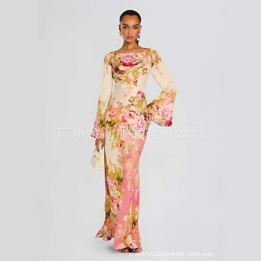 Women's long evening dress with trumpet sleeves and floral pattern Mune Fashion
