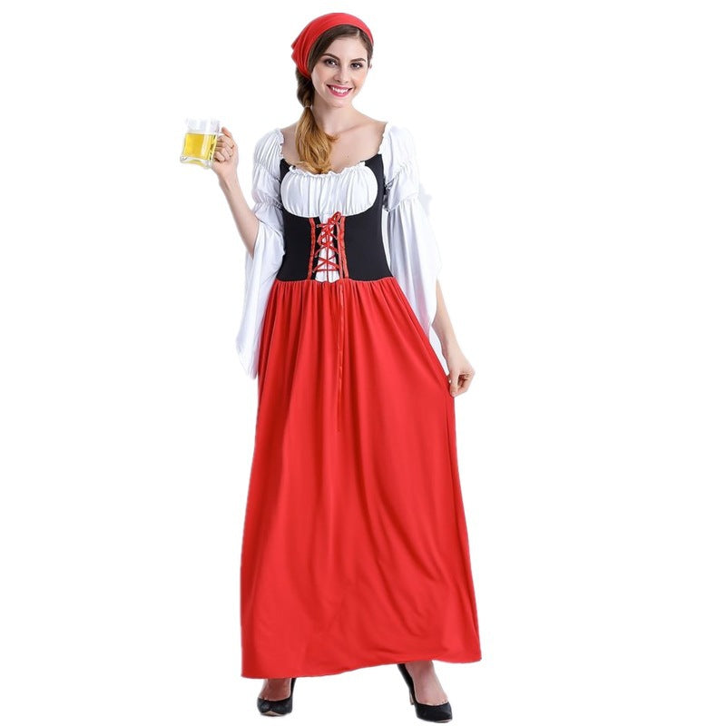 Ladies Medieval Peasant Girl Costume with Laced Corset, Puff Sleeves and Layered Tiered Skirt Mune Fashion