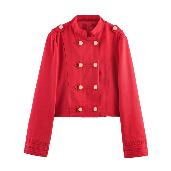 Women's Short Military-Inspired Jacket with Stand Collar and Decorative Buttons Mune Fashion