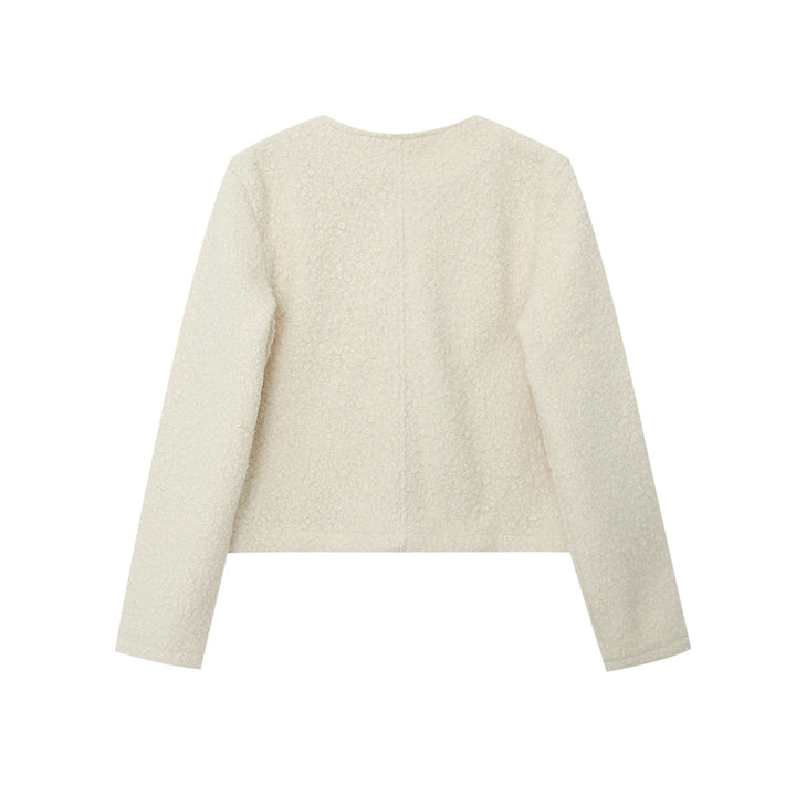 Women's Cropped Boucle Jacket with Round Neckline, Flap Pockets and Shimmering Decorative Buttons Mune Fashion