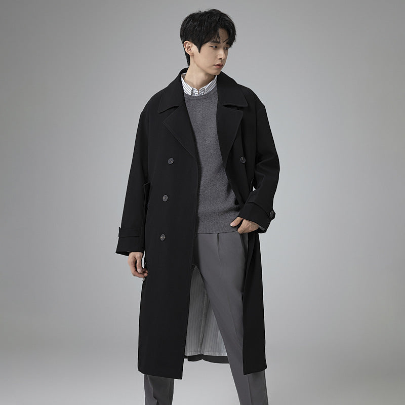 Men's Maxi-Length Trench Coat with Shaping Belt and Minimalist Silhouette Mune Fashion