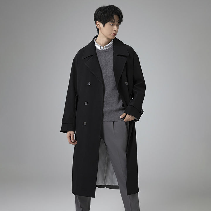 Men's Maxi-Length Trench Coat with Shaping Belt and Minimalist Silhouette Mune Fashion