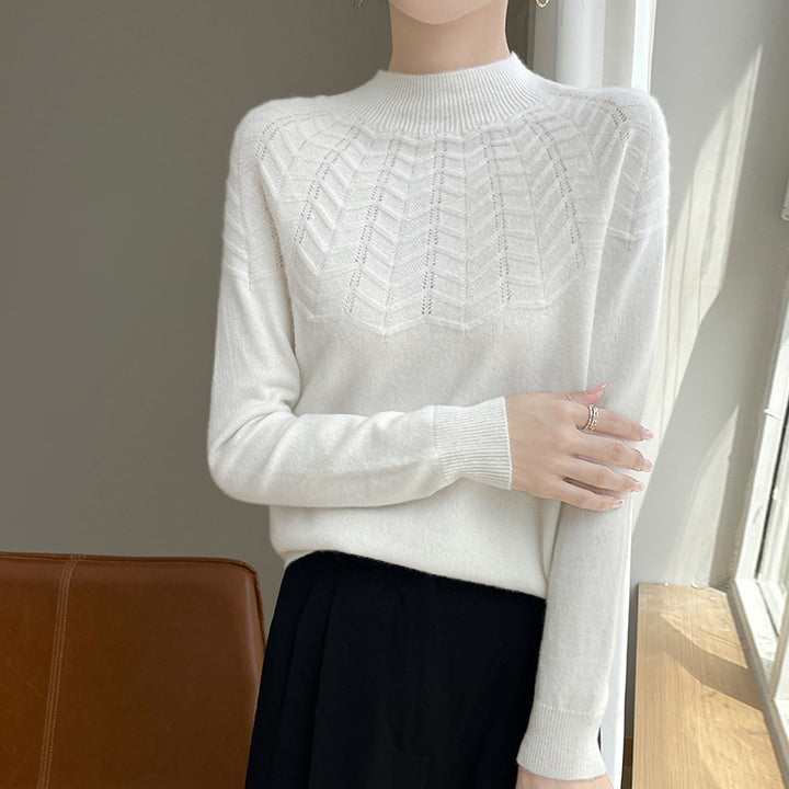 Women's Soft Fine Knit Mock Neck Sweater with Chevron Ajour and Cashmere Look Mune Fashion