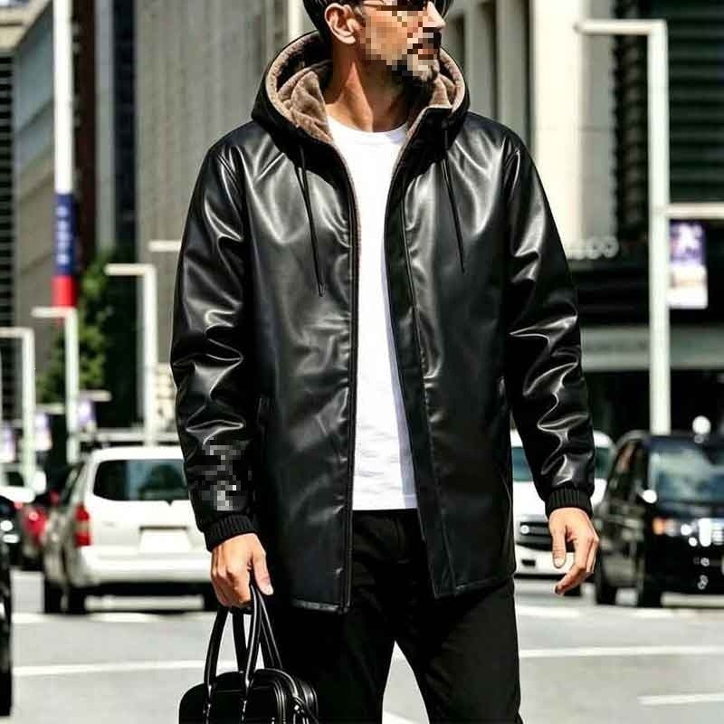Men's Faux Leather Parka with Teddy Lining, Hood & Concealed Zipper Mune Fashion