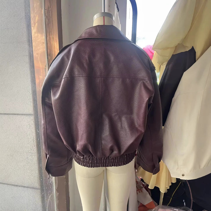 Women's cropped double-breasted faux leather blouson with wide collar and elastic hem Mune Fashion
