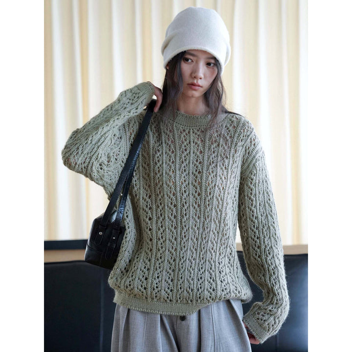 Women Loose Ajour Knit Sweater with Round Neck
