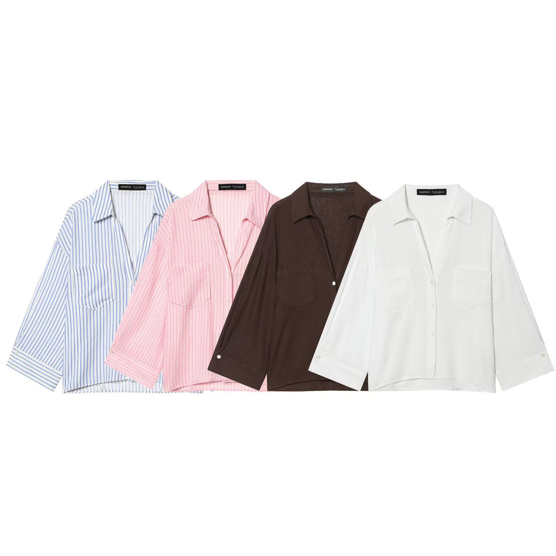 Women Oversized Shirt Blouse made of light cotton blend with stripe pattern and three-quarter sleeves Mune Fashion