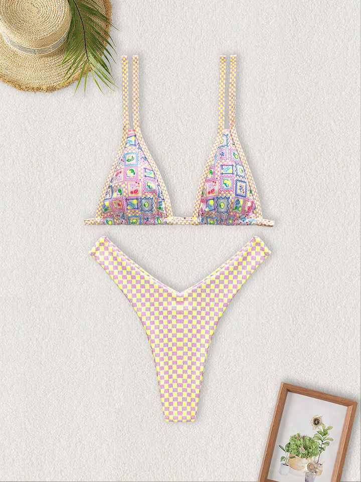 Women's Triangle Bikini with Colorful Patchwork Pattern Mune Fashion