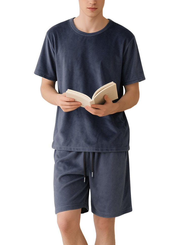 Men's velour lounge set with round neck short sleeve shirt and drawstring shorts Mune Fashion