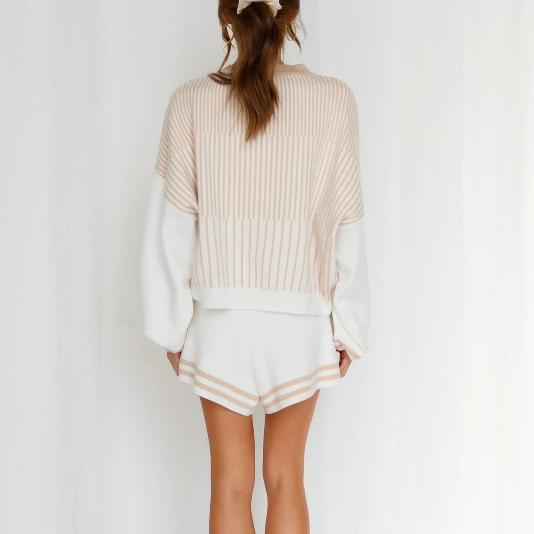 Women's fine striped knit relax set with wide bat wing sleeve pullover and elastic waist shorts Mune Fashion