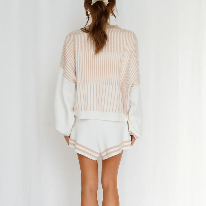 Women's fine striped knit relax set with wide bat wing sleeve pullover and elastic waist shorts Mune Fashion
