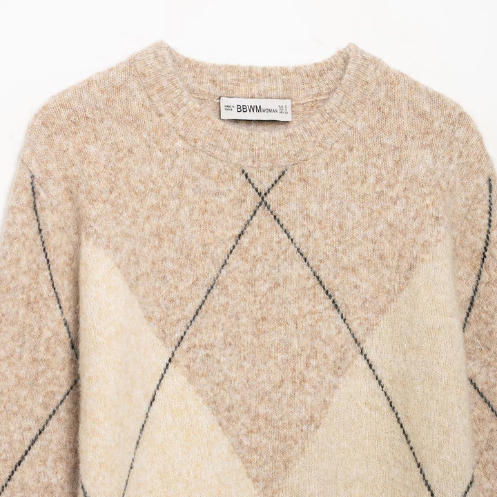 Women's argyle sweater made of wool blend with soft pile and boxy cropped silhouette Mune Fashion
