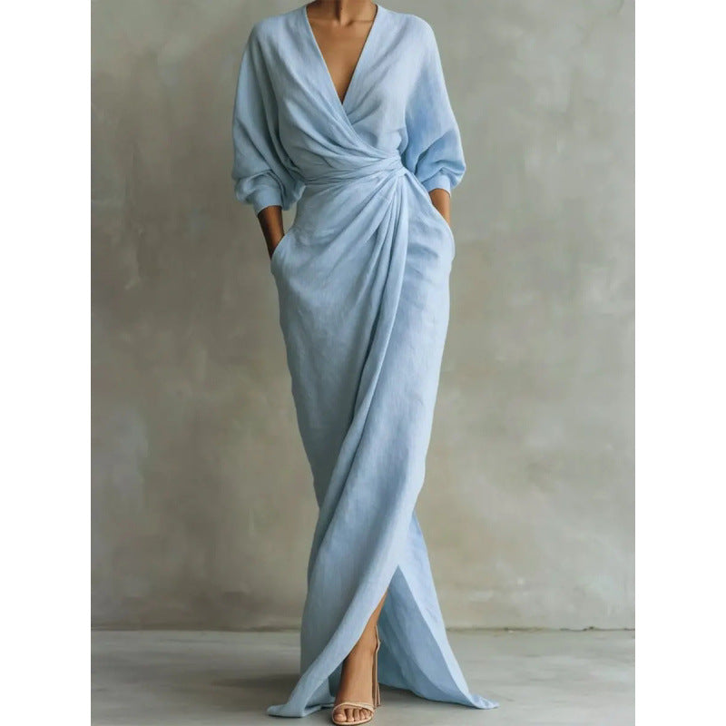 Women's Draped Wrap Maxi Dress with Deep V-Neck, Waist Twist and Side Pockets Drune