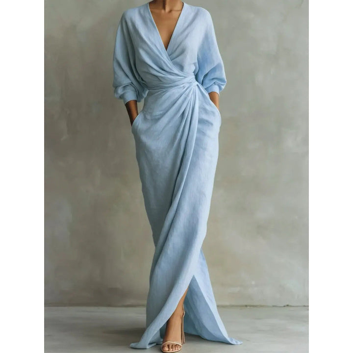 Women's Draped Wrap Maxi Dress with Deep V-Neck, Waist Twist and Side Pockets Drune
