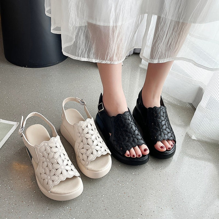 Women's nano wedge sandal with floral laser perforation, padded anatomical insole, and adjustable heel strap Mune Fashion