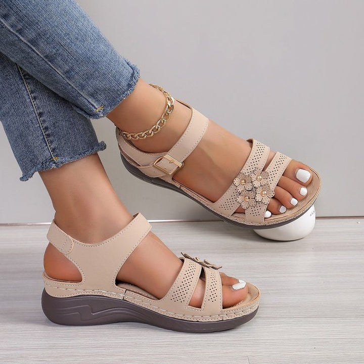 Women's Comfortable Wedge Sandals with Floral Decorative Detail, Padded Comfort Insole and Adjustable Ankle Strap Mune Fashion